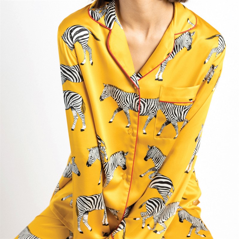 Chelsea Peers Womens Satin Button Up Pyjama Set Mustard