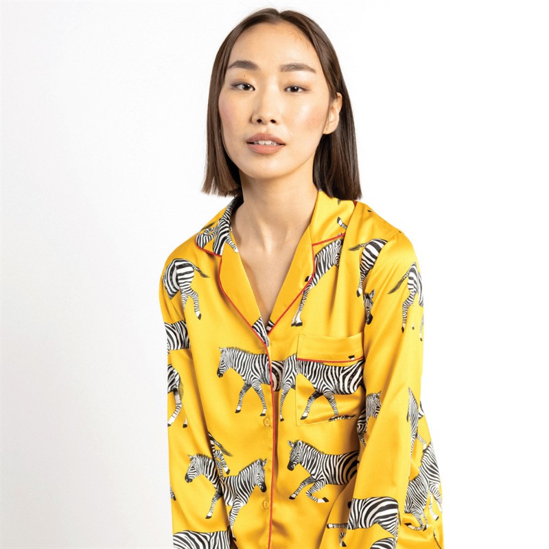 Chelsea Peers Womens Satin Button Up Pyjama Set Mustard