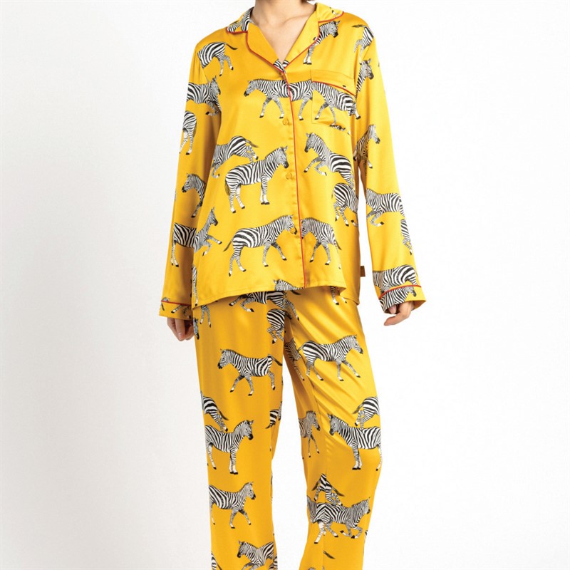 Chelsea Peers Womens Satin Button Up Pyjama Set Mustard