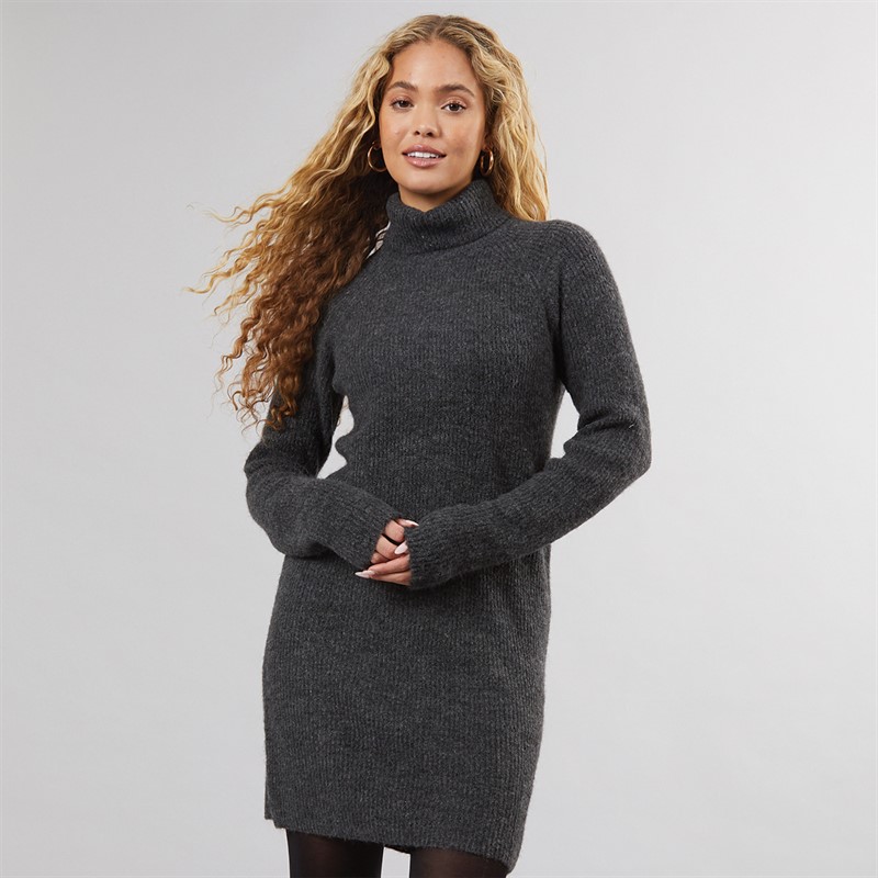 Pieces Womens Ellen High Neck Knitted Dress Dark Grey Melange
