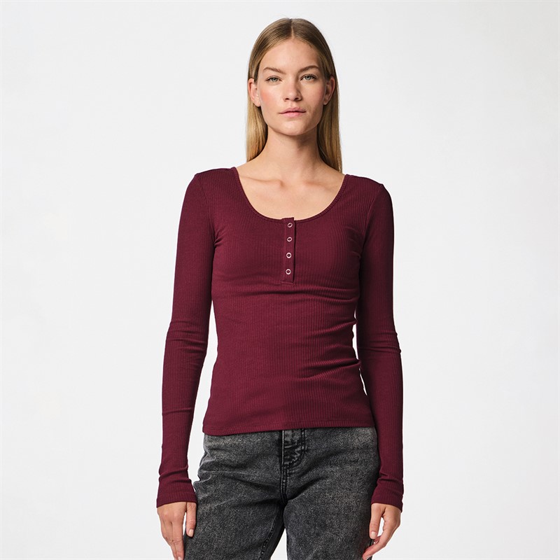 Pieces Womens Kitte Long Sleeve Top Tawny Port - Size XS