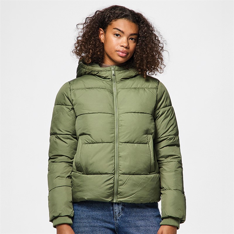 Pieces Womens Short Puffer Jacket Deep Lichen Green - Size M