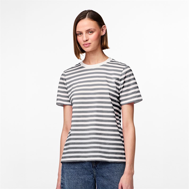 Pieces Damen Ria gestreiftes T Shirt Ultimate Grey