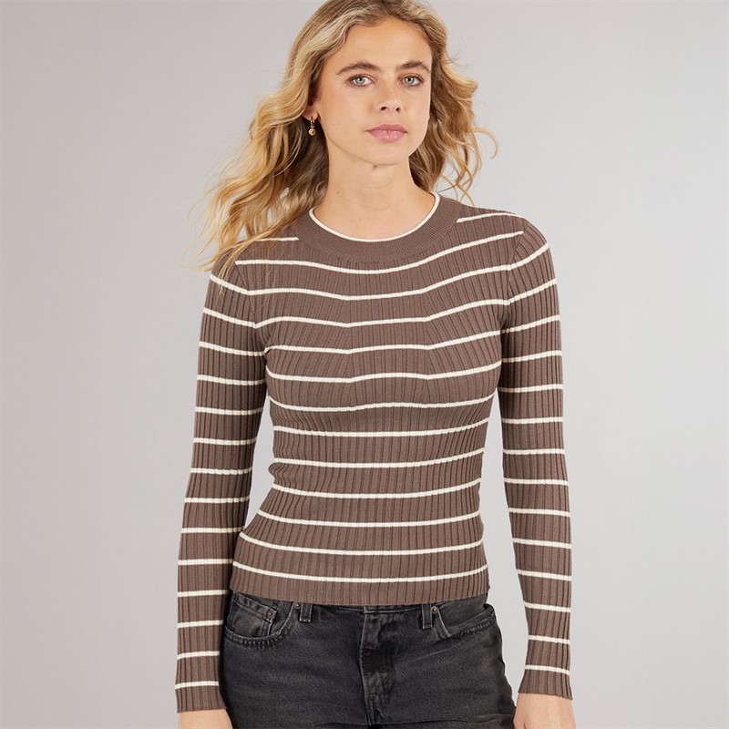 Pieces Damen Crista O Ausschnitt Gestrickter Pullover Morel
