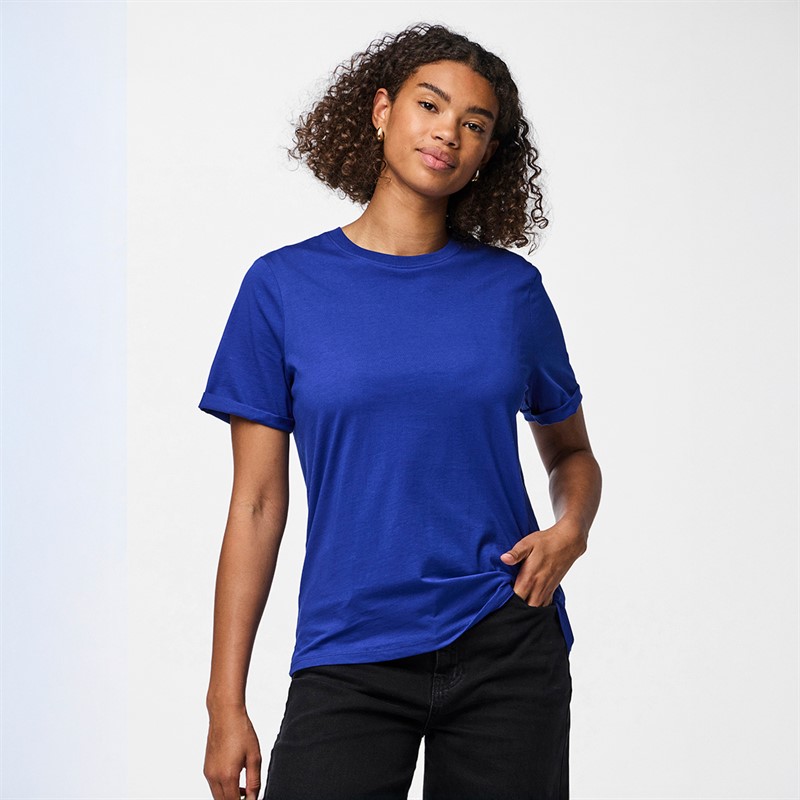 Pieces Damen Ria Hochklapp T Shirt Uni Mazarine Blue