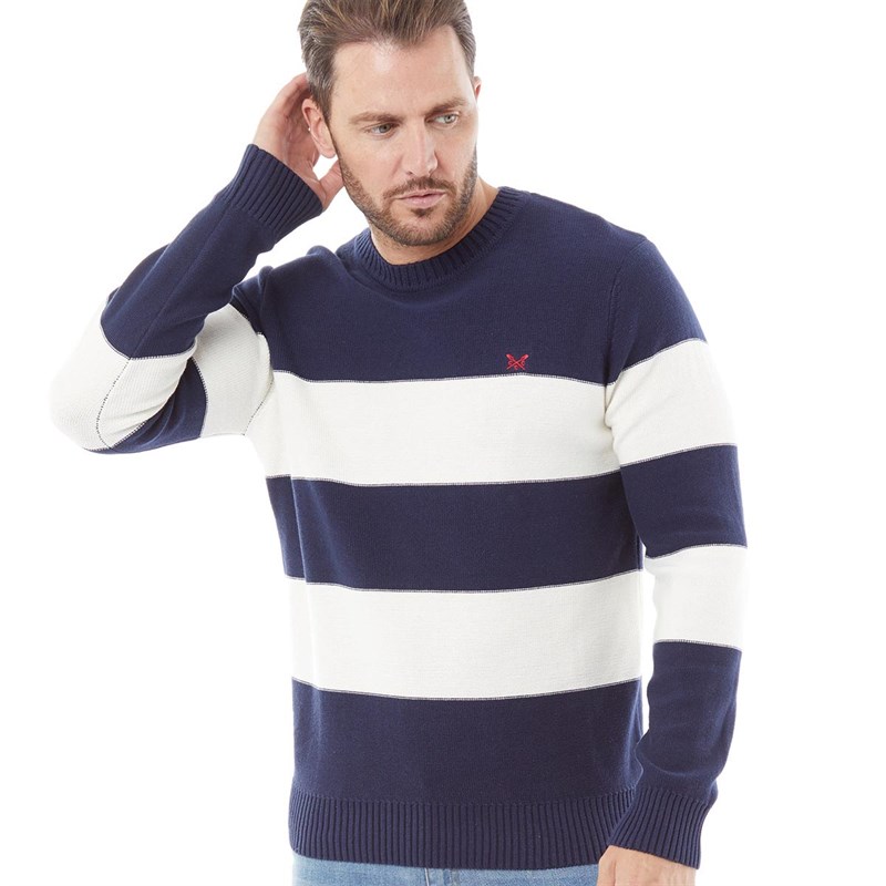 Crew Clothing Mens Stripe Fashion Knit Crew Neck Jumper Navy White