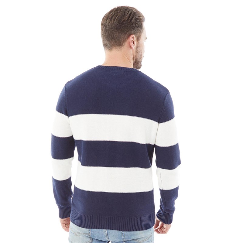 Crew Clothing Mens Stripe Fashion Knit Crew Neck Jumper Navy White