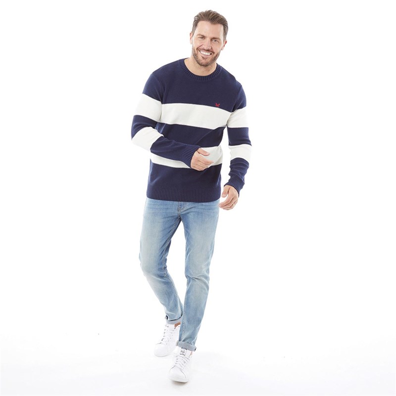 Crew Clothing Mens Stripe Fashion Knit Crew Neck Jumper Navy White