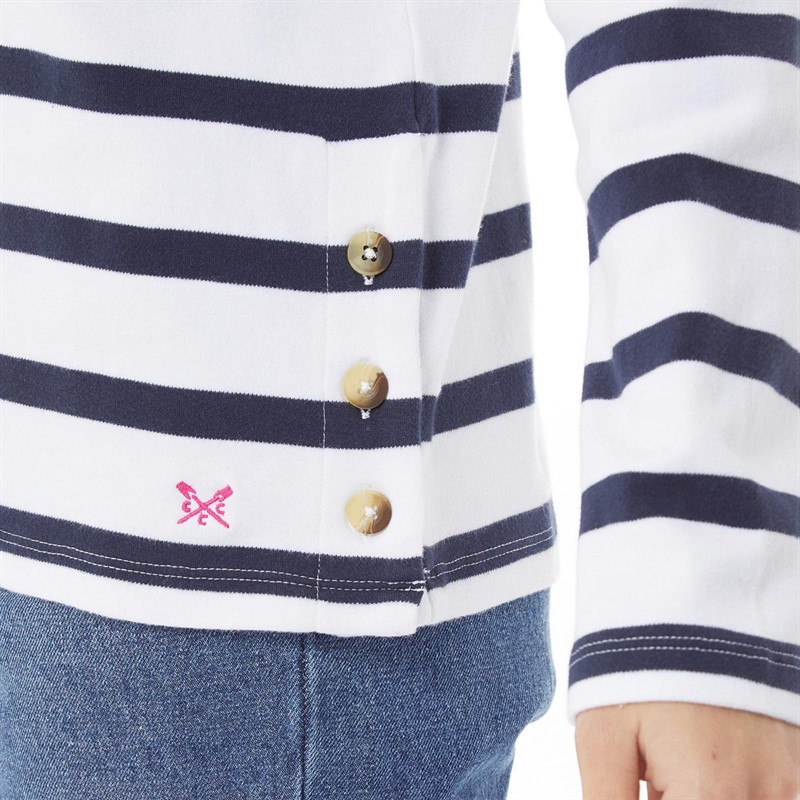 Crew Clothing Womens Button Detail Roll Neck Interlock Long Sleeve Top White/Navy