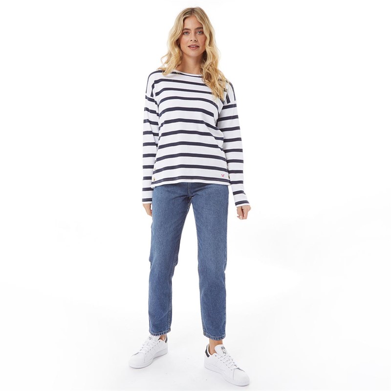 Crew Clothing Womens Button Detail Roll Neck Interlock Long Sleeve Top White/Navy