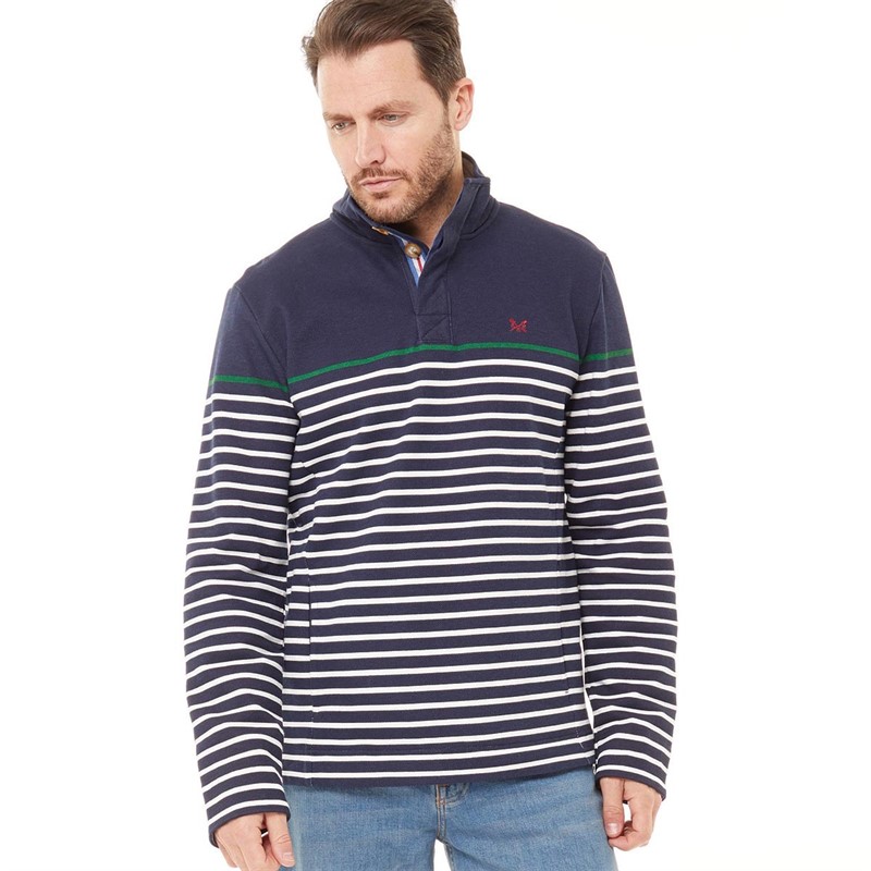 Crew Clothing Mens Button Neck Pique Stripe Sweatshirt Navy/Verdant Green/White Linen