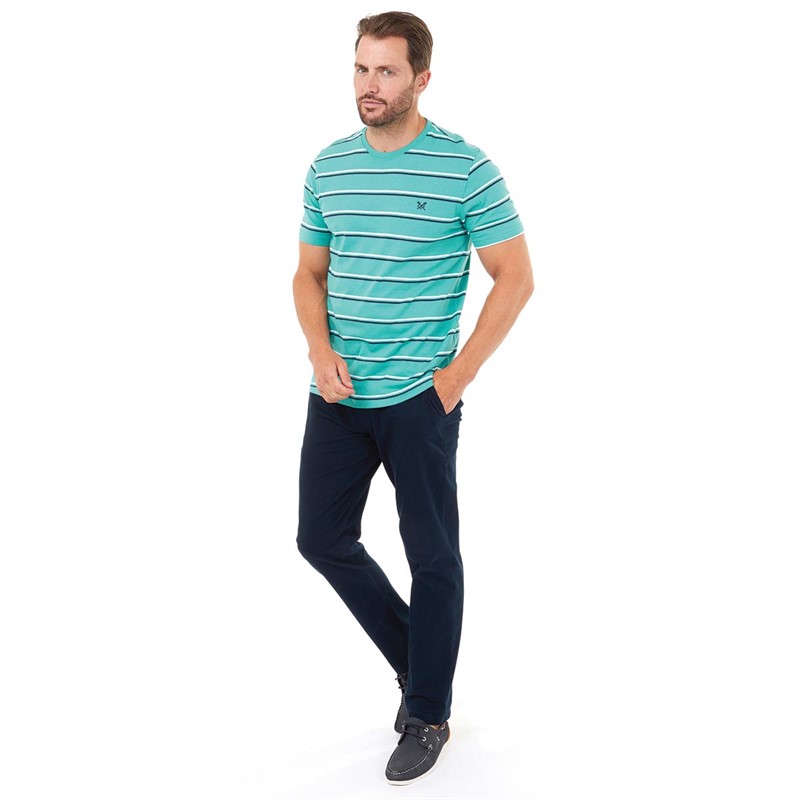 Crew Clothing Mens Double Stripe T-Shirt Veridian Green/White/Navy