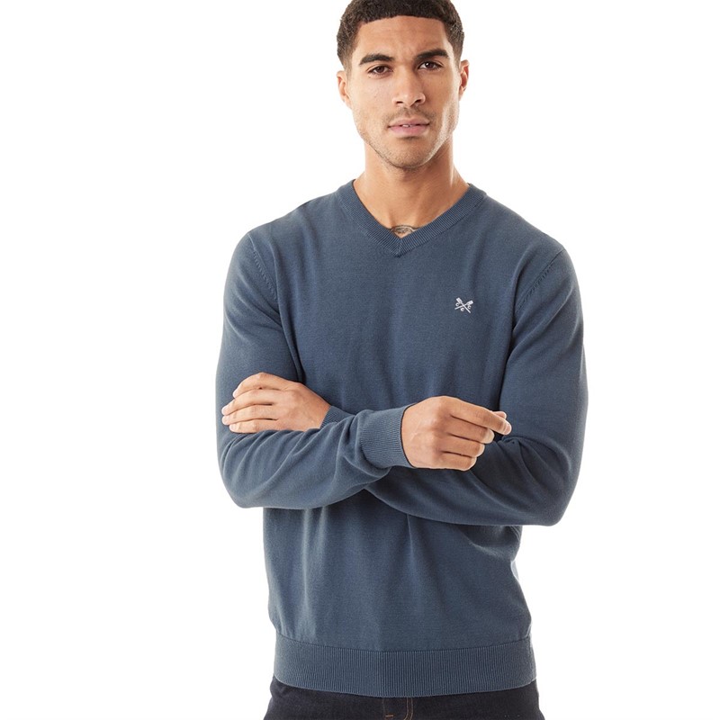 Crew Clothing Mens V-Neck Jumper Blue