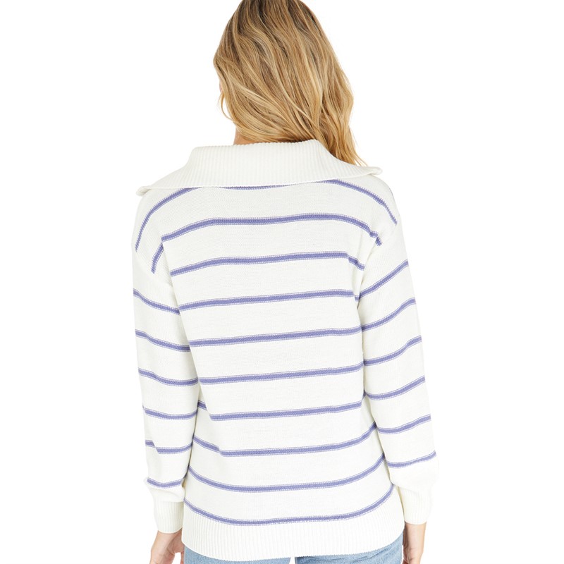 Crew Clothing Womens 1/4 Zip Neck Stripe Jumper White/Ink Wash