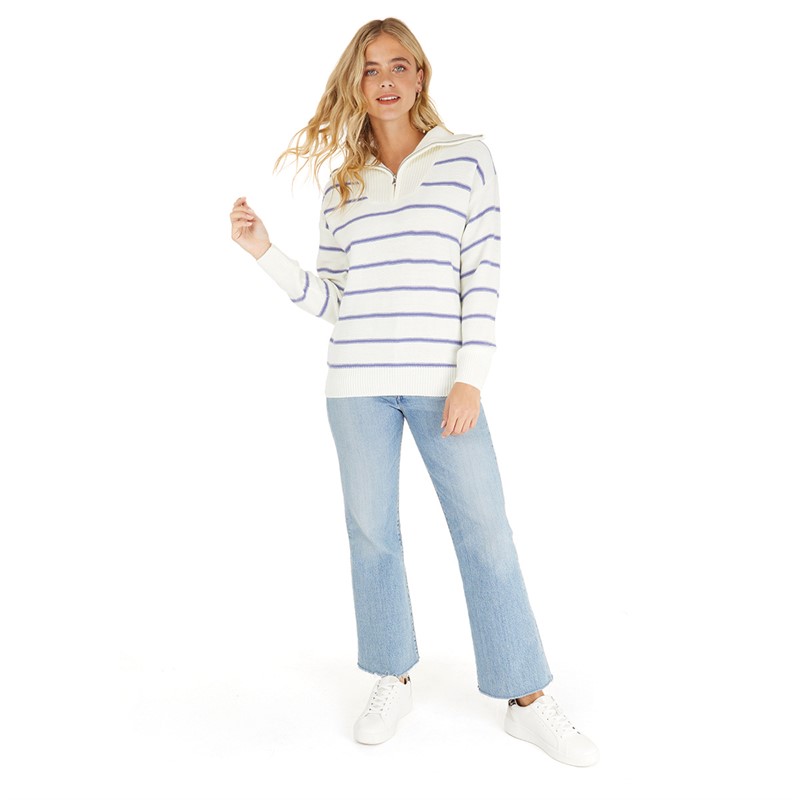 Crew Clothing Womens 1/4 Zip Neck Stripe Jumper White/Ink Wash