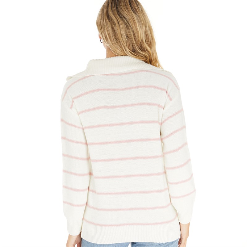 Crew Clothing Womens 1/4 Zip Neck Stripe Jumper White/Coral Blush