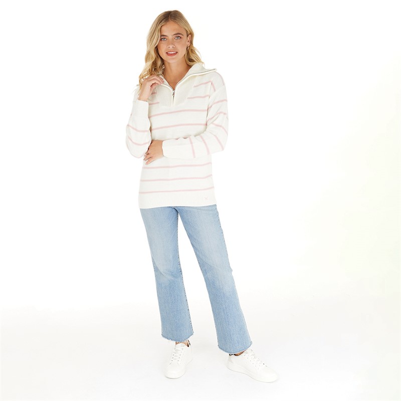 Crew Clothing Womens 1/4 Zip Neck Stripe Jumper White/Coral Blush