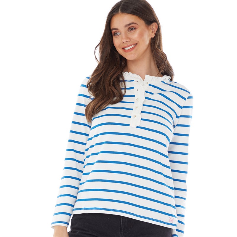 Crew Clothing Womens Clara Frill Stripe Top White Linen/Fresh Blue