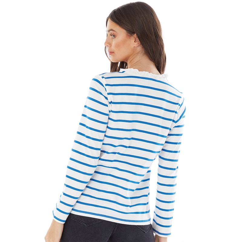 Crew Clothing Womens Clara Frill Stripe Top White Linen/Fresh Blue