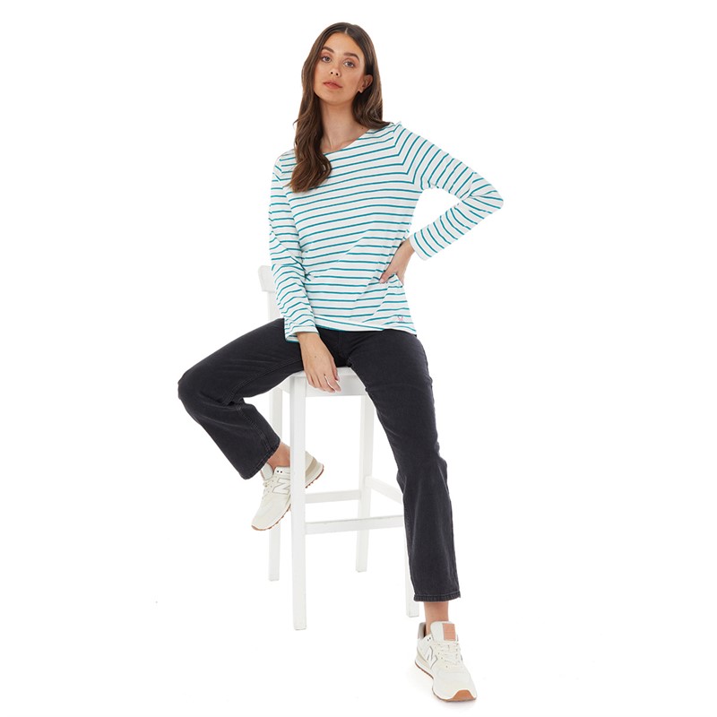 Crew Clothing Womens Long Sleeve Stripe Top White Linen/Petrol