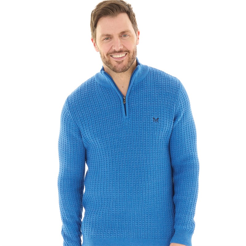 Crew Clothing Mens 1/2 Zip Waffle Knit Jumper Victoria Blue