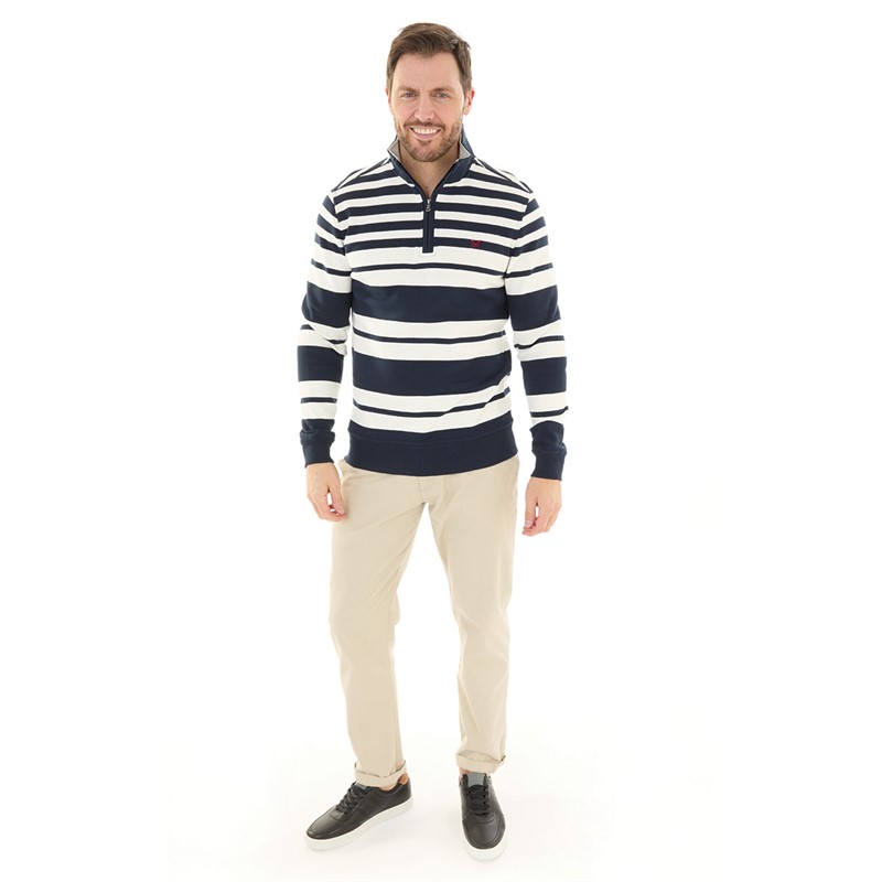 Crew Clothing Mens 1/2 Zip Rugby Stripe Jumper Navy/White