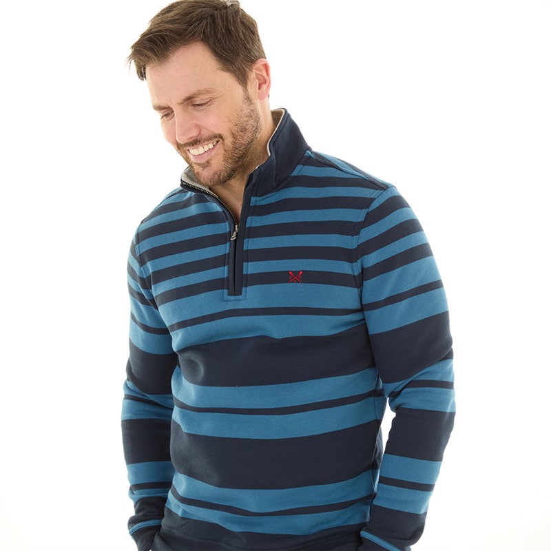 Crew Clothing Mens 1/2 Zip Rugby Stripe Jumper Navy/Dark Blue