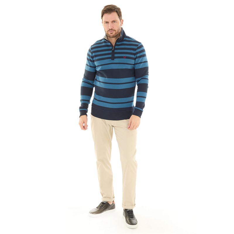 Crew Clothing Mens 1/2 Zip Rugby Stripe Jumper Navy/Dark Blue