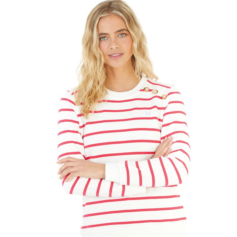 Crew Clothing Womens Stripe Button Sweatshirt Whitelinen/Pomegranate