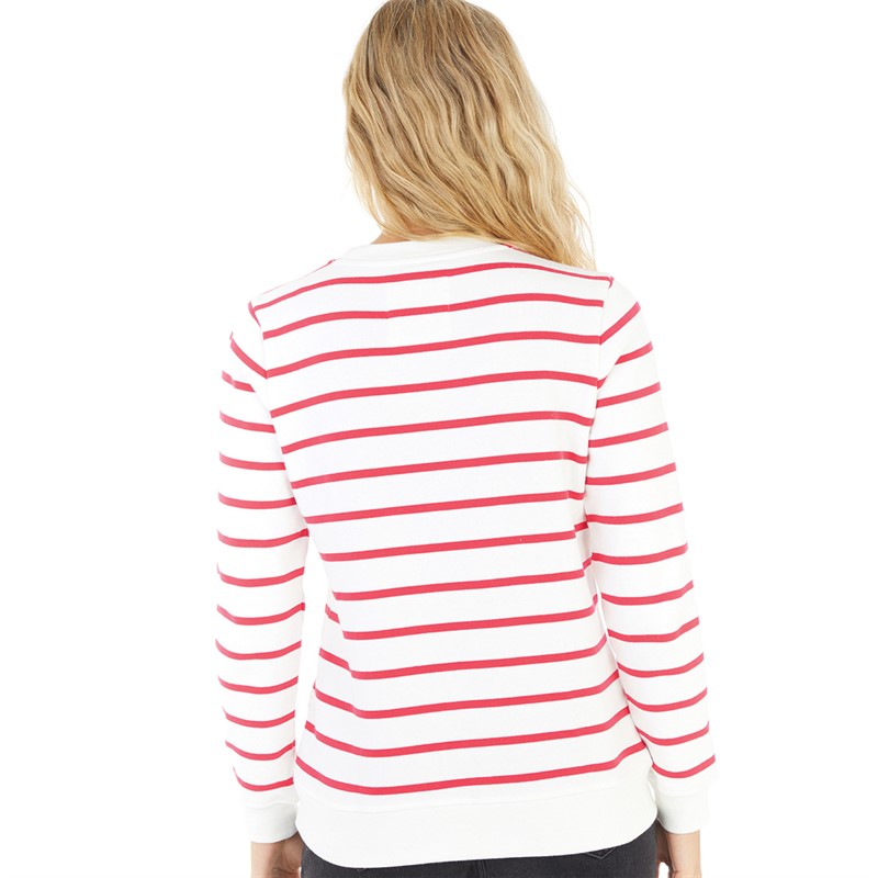 Crew Clothing Womens Stripe Button Sweatshirt Whitelinen/Pomegranate