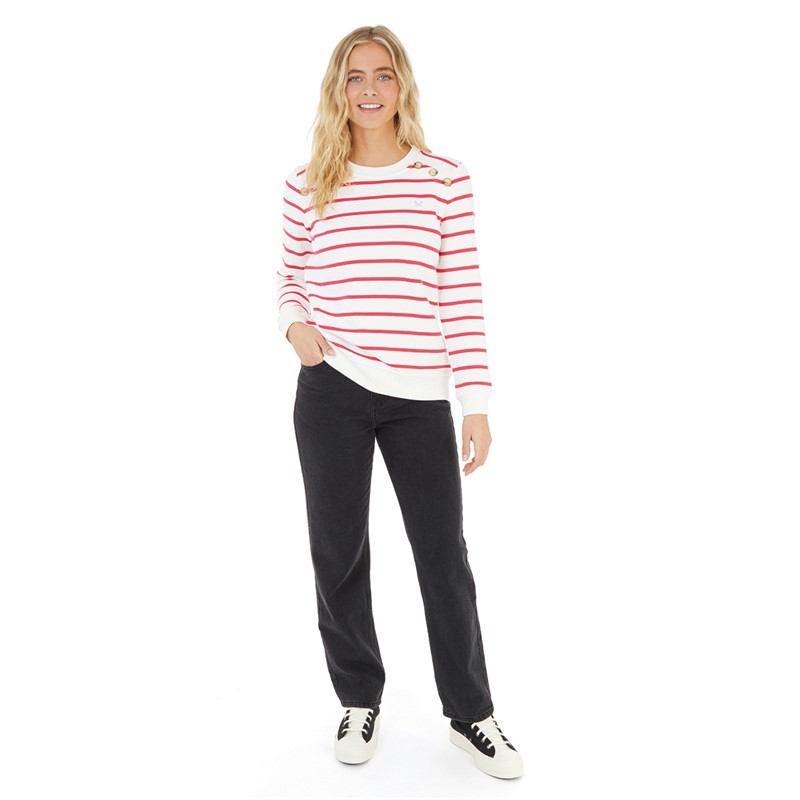 Crew Clothing Womens Stripe Button Sweatshirt Whitelinen/Pomegranate