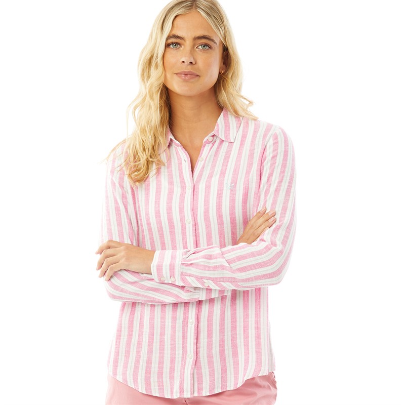 Crew Clothing Womens Linen Stripe Shirt Pink Pop/White