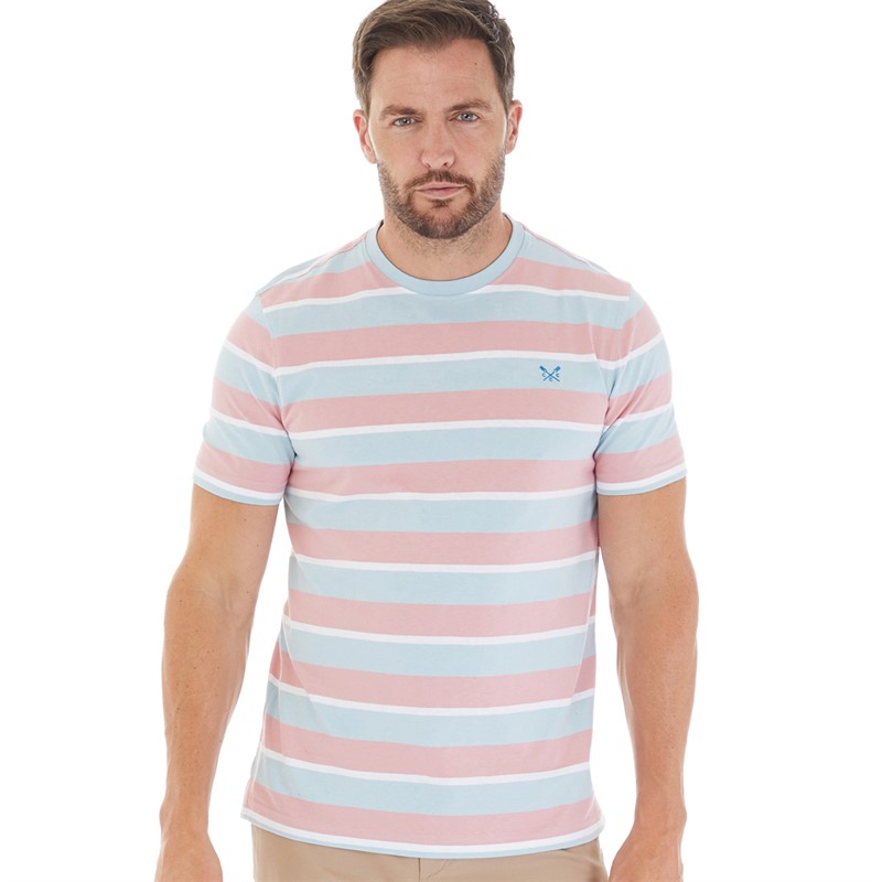 Crew Clothing Mens Stripe T-Shirt Blue Haze/Blush/White