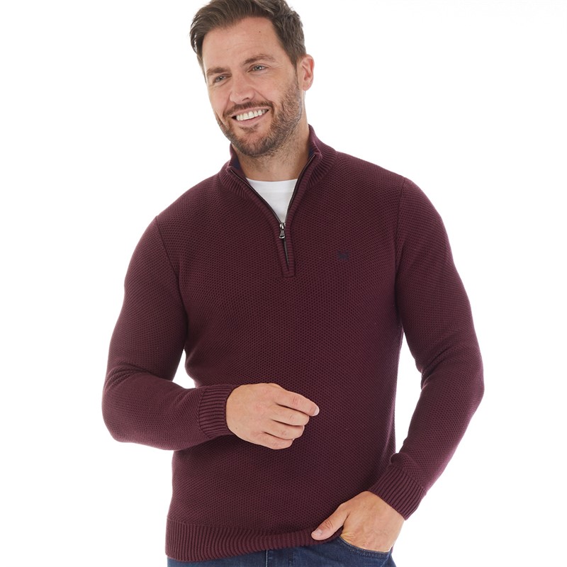 Crew Clothing Mens Mesh Knit 1/2 Zip Waffle Jumper Burgundy