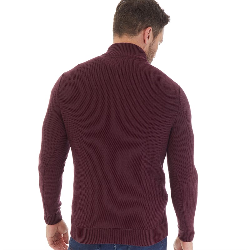 Crew Clothing Mens Mesh Knit 1/2 Zip Waffle Jumper Burgundy