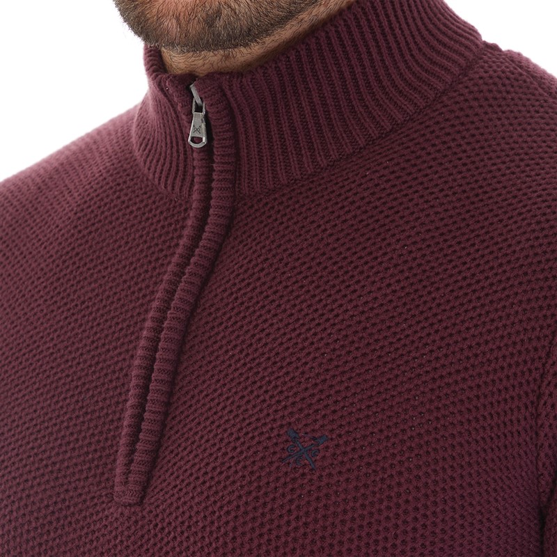 Crew Clothing Mens Mesh Knit 1/2 Zip Waffle Jumper Burgundy