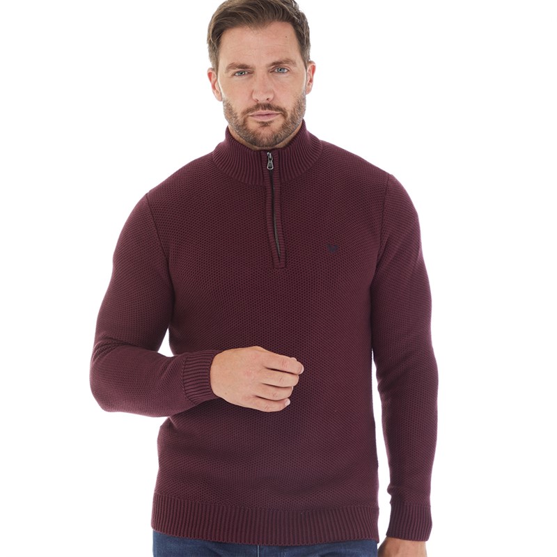 Crew Clothing Mens Mesh Knit 1/2 Zip Waffle Jumper Burgundy