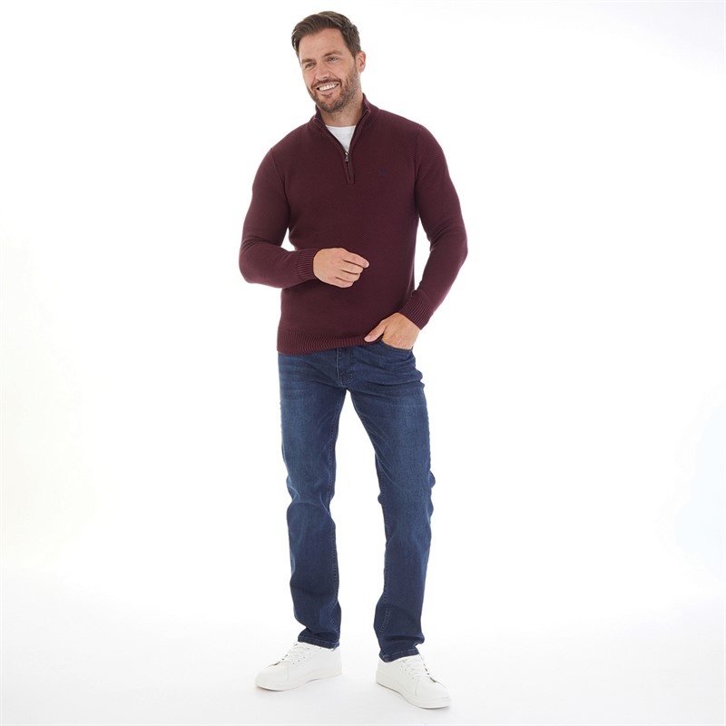 Crew Clothing Mens Mesh Knit 1/2 Zip Waffle Jumper Burgundy