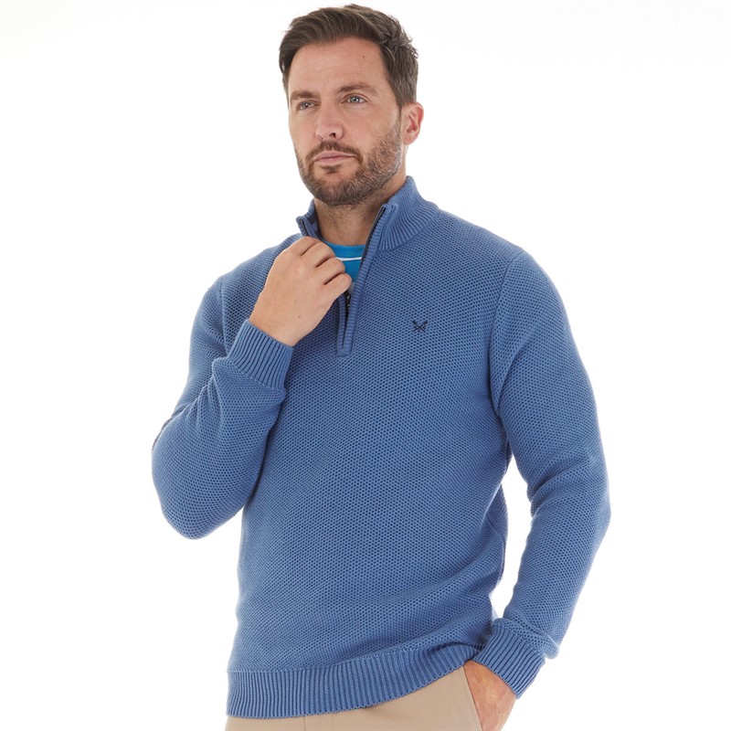 Crew Clothing Mens Mesh Knit 1/2 Zip Waffle Jumper Moonlight Blue