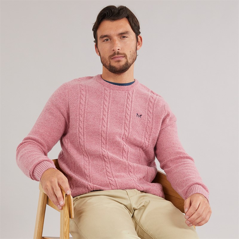Crew Clothing Mens Lambswool Rich Cable Crew Neck Jumper Deco Rose Marl