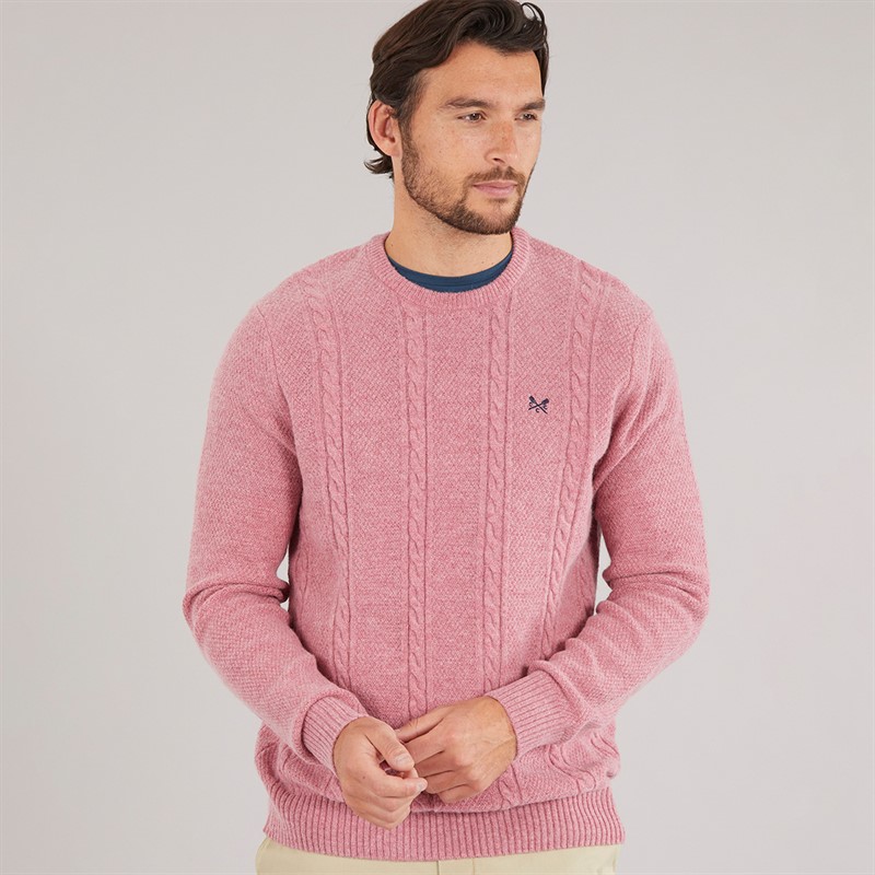 Crew Clothing Mens Lambswool Rich Cable Crew Neck Jumper Deco Rose Marl