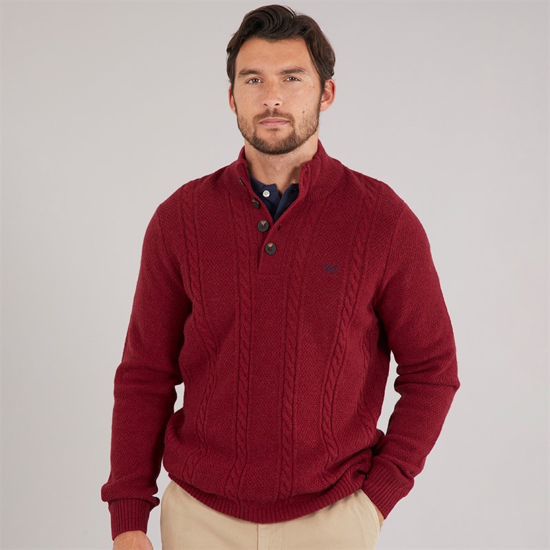 Crew Clothing Mens Lambswool Rich Button Neck Cable Knit Jumper Rhubarb