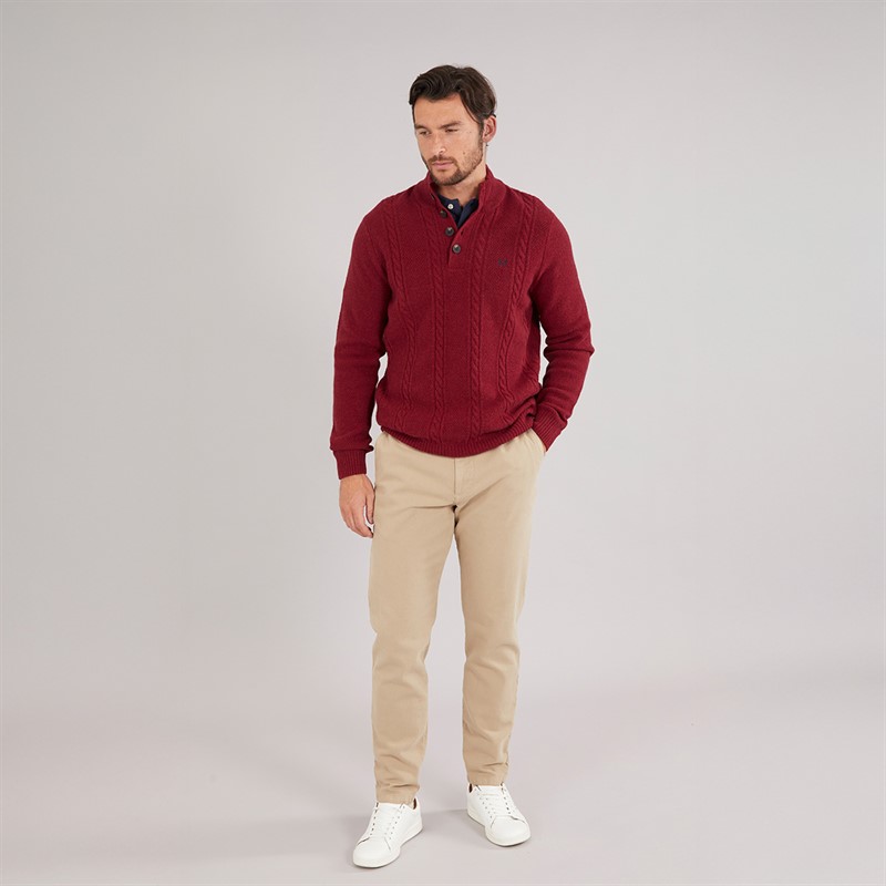 Crew Clothing Mens Lambswool Rich Button Neck Cable Knit Jumper Rhubarb