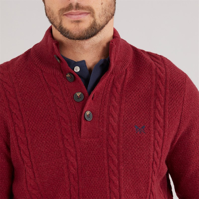 Crew Clothing Mens Lambswool Rich Button Neck Cable Knit Jumper Rhubarb