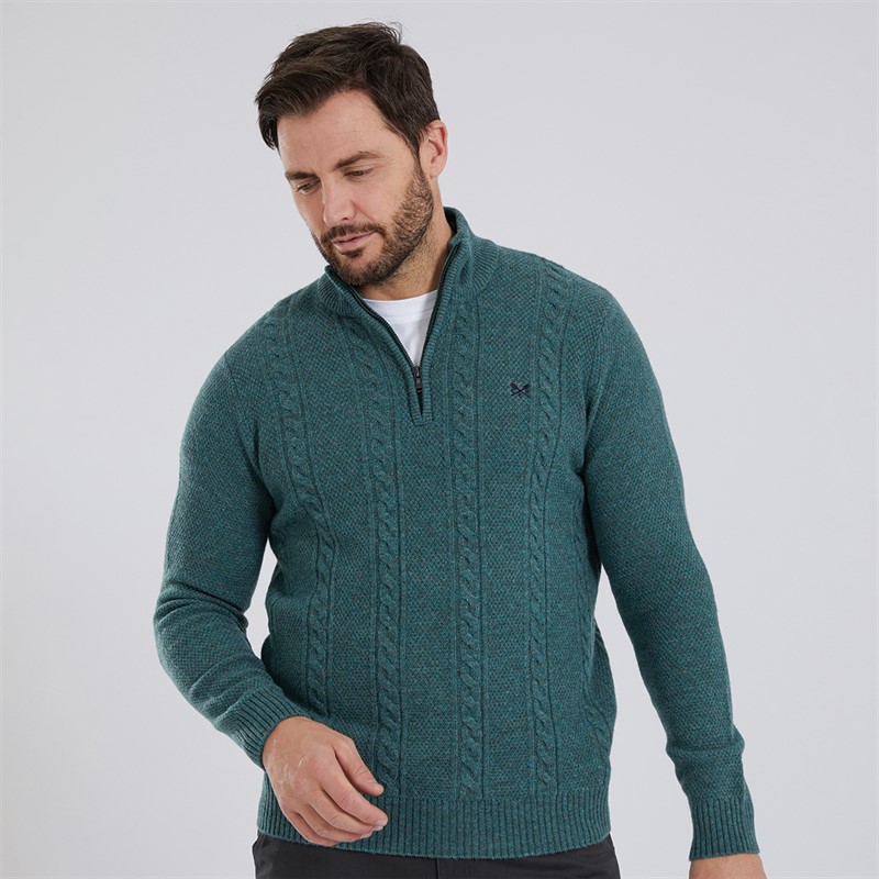 Crew Clothing Mens Lambswool Rich 1/2 Zip Cable Knit Jumper Sea Pine Marl - Size S