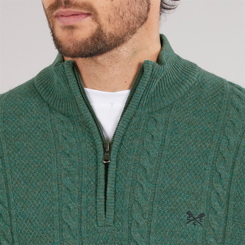 Crew Clothing Mens Lambswool Rich 1/2 Zip Cable Knit Jumper Sea Pine Marl