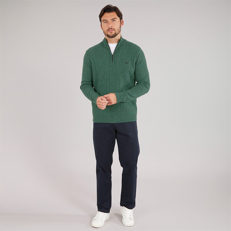 Crew Clothing Mens Lambswool Rich 1/2 Zip Cable Knit Jumper Sea Pine Marl