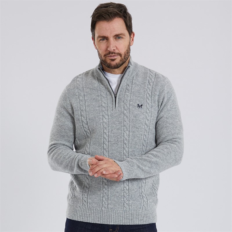 Crew Clothing Mens Lambswool Rich 1/2 Zip Cable Knit Jumper Grey Marl