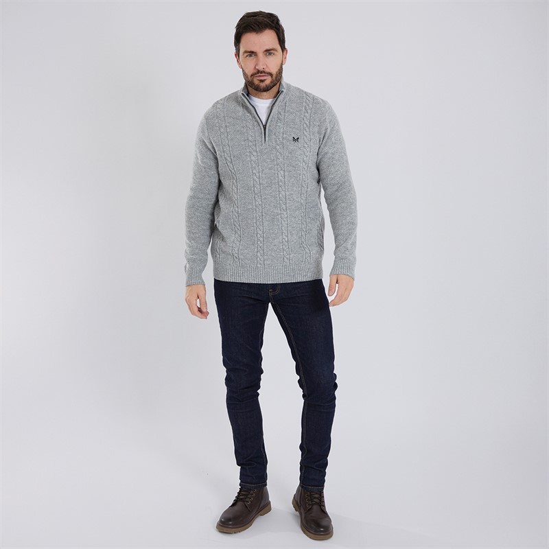 Crew Clothing Mens Lambswool Rich 1/2 Zip Cable Knit Jumper Grey Marl