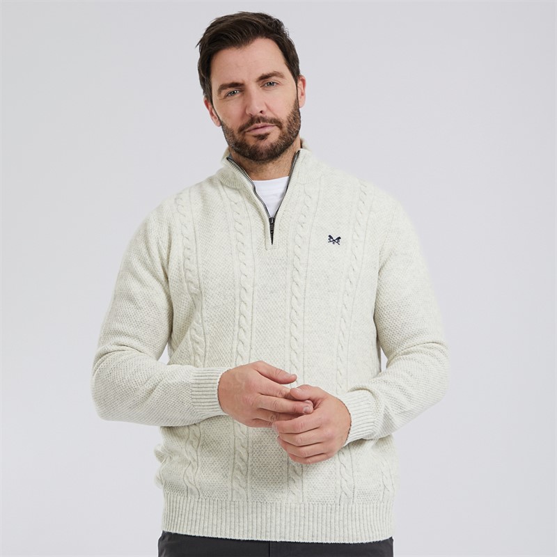 Crew Clothing Mens Lambswool Rich 1/2 Zip Cable Knit Jumper Papyrus Marl - Size L